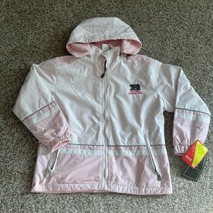 Pink fleece lined full zip hooded reversible water resistant jacket